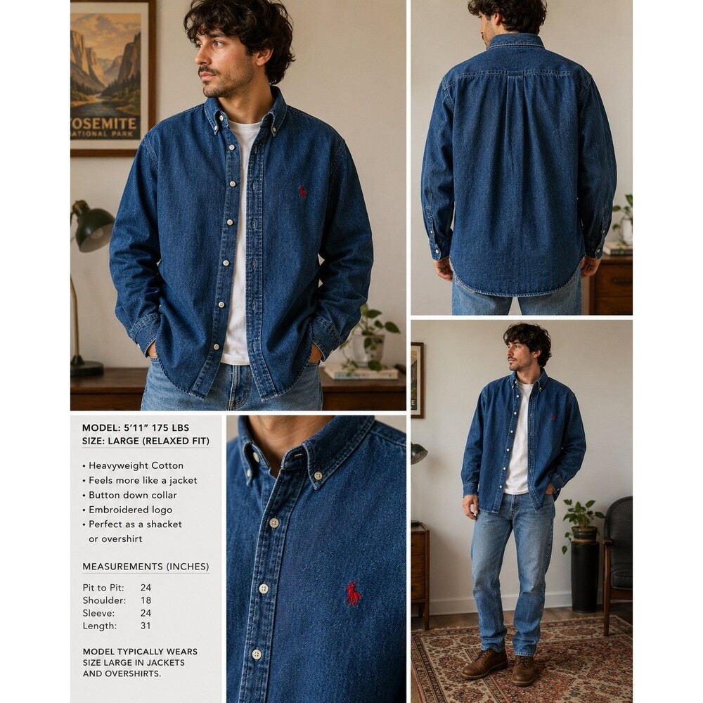 Vintage Hunt Club Heavy Denim Shirt Jacket Mens L Blue Cotton Shacket Horse 90s